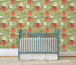 Load image into Gallery viewer, Antique pink and green floral fabric peel and stick wallpaper in girl's nursery with crib