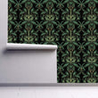 Load image into Gallery viewer, Dark moody Victorian Art Nouveau fabric peel and stick wallpaper on wall partially rolled up