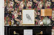 Load image into Gallery viewer, Dark academia books and statue bust fabric peel and stick wallpaper with piano, picture and lamp
