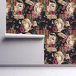 Load image into Gallery viewer, Dark academia books and statue bust fabric peel and stick wallpaper on wall partially rolled up