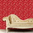 Load image into Gallery viewer, Red antique Victorian floral fabric peel and stick wallpaper in room with sofa