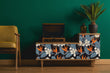 Load image into Gallery viewer, Dark botanical tropical palm leaves fabric peel and stick wallpaper on record player with plant and chair