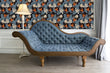 Load image into Gallery viewer, Dark botanical tropical palm leaves fabric peel and stick wallpaper with blue sofa and lamp