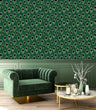 Load image into Gallery viewer, Victorian gothic Art Deco peacock fabric peel and stick wallpaper in room with velvet chair and coffee table