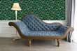 Load image into Gallery viewer, Victorian gothic Art Deco peacock fabric peel and stick wallpaper with blue velvet sofa and lamp