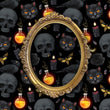 Load image into Gallery viewer, Black and orange Victorian gothic skull fabric peel and stick wallpaper with gold mirror