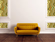 Load image into Gallery viewer, Antique vintage Mid-century modern green and brown fabric peel and stick wallpaper in room with yellow love seat