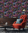 Load image into Gallery viewer, Dark gothic moody floral fabric peel and stick wallpaper with red chair, table and cabinet
