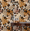 Load image into Gallery viewer, Tropical jungle palm leaves and cheetah print fabric peel and stick wallpaper with table and jars