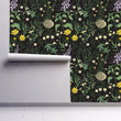 Load image into Gallery viewer, Cottagecore botanical floral dark fabric peel and stick wallpaper on wall partially rolled up