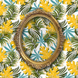 Load image into Gallery viewer, Yellow and blue vintage Mid Century Modern tropical palm leaves fabric peel and stick wallpaper with gold mirror