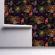 Load image into Gallery viewer, Owls keys and butterflies dark cottagecore fabric peel and stick wallpaper on wall partially rolled up