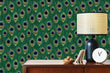 Load image into Gallery viewer, Victorian gothic Art Deco peacock fabric peel and stick wallpaper with vintage cabinet, lamp and clock
