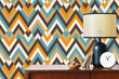 Load image into Gallery viewer, Vintage retro Mid-century Modern geometric fabric peel and stick wallpaper with lamp and clock