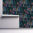 Load image into Gallery viewer, Dark nautical see life beach house fabric peel and stick wallpaper on wall partially rolled up
