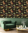 Load image into Gallery viewer, Black tropical cheetah print fabric peel and stick wallpaper with green chair and coffee table