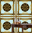 Load image into Gallery viewer, Gold and blue elegant Victorian antique fabric peel and stick wallpaper with table and gold jars