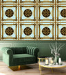 Load image into Gallery viewer, Gold and blue elegant Victorian antique fabric peel and stick wallpaper with chair and table