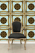 Load image into Gallery viewer, Gold and blue elegant Victorian antique fabric peel and stick wallpaper with black chair