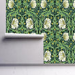 Load image into Gallery viewer, Antique Victorian Art Nouveau floral fabric peel and stick wallpaper on wall partially rolled up