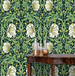 Load image into Gallery viewer, Antique Victorian Art Nouveau floral fabric peel and stick wallpaper with table and gold jars