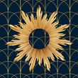 Load image into Gallery viewer, Blue and gold geometric antique Art Deco fabric peel and stick wallpaper with gold mirror on wall