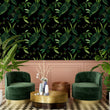 Load image into Gallery viewer, Dark moody botanical forest fabric peel and stick fabric wallpaper with two chairs and a coffee table