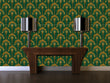 Load image into Gallery viewer, Gold and green antique Art Deco fabric peel and stick wallpaper with mantle and lamps