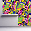 Load image into Gallery viewer, Bold colorful neon vintage tropical fabric peel and stick wallpaper on wall partially rolled up
