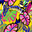 Load image into Gallery viewer, Bold colorful neon vintage tropical fabric peel and stick wallpaper sample
