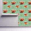 Load image into Gallery viewer, Victorian antique teapot and teacup fabric peel and stick wallpaper on wall partially rolled up