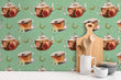Load image into Gallery viewer, Victorian antique teapot and teacup fabric peel and stick wallpaper in kitchen with cutting board and bowls