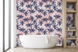 Load image into Gallery viewer, Vintage retro palm tree pink and blue fabric peel and stick wallpaper in bathroom with bathtub
