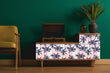 Load image into Gallery viewer, Vintage retro palm tree pink and blue fabric peel and stick wallpaper on record player with lamp plant and chair