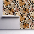 Load image into Gallery viewer, Tropical jungle palm leaves and cheetah print fabric peel and stick wallpaper on wall partially rolled up