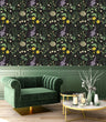Load image into Gallery viewer, Cottagecore botanical floral dark fabric peel and stick wallpaper with chair and coffee table