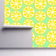 Load image into Gallery viewer, Vintage retro yellow lemon fruit fabric peel and stick wallpaper on wall partially rolled up
