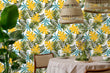 Load image into Gallery viewer, Yellow and blue vintage Mid Century Modern tropical palm leaves fabric peel and stick wallpaper with table and plant
