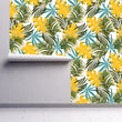 Load image into Gallery viewer, Yellow and blue vintage Mid Century Modern tropical palm leaves fabric peel and stick wallpaper on wall partially rolled up