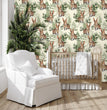 Load image into Gallery viewer, Watercolor forest bunny rabbit fabric peel and stick wallpaper in nursery with crib, chair and tree