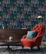 Load image into Gallery viewer, Dark nautical see life beach house fabric peel and stick wallpaper with cabinet and chair