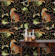 Load image into Gallery viewer, Black tropical cheetah print fabric peel and stick wallpaper with table and gold jars