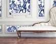 Load image into Gallery viewer, Blue cat and flower toile fabric peel and stick wallpaper with white sofa