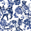 Load image into Gallery viewer, Blue cat and flower toile fabric peel and stick wallpaper sample