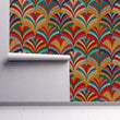 Load image into Gallery viewer, Colorful vintage Art Deco geometric fabric peel and stick wallpaper on wall partially rolled up