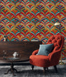 Load image into Gallery viewer, Colorful vintage Art Deco geometric fabric peel and stick wallpaper with cabinet, chair and coffee table