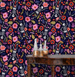 Load image into Gallery viewer, Dark gothic skeleton floral purple fabric peel and stick wallpaper with table and bottles