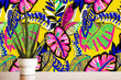 Load image into Gallery viewer, Bold colorful neon vintage tropical fabric peel and stick wallpaper with plant