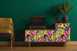 Load image into Gallery viewer, Bold colorful neon vintage tropical fabric peel and stick wallpaper on vintage record player with chair and plant