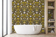 Load image into Gallery viewer, Victorian antique Art Nouveau bird garden fabric peel and stick wallpaper in bathroom with bathtub